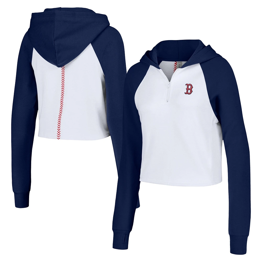 Women's Lusso White Boston Red Sox Jane Raglan Quarter-Zip Tri-Blend Cropped Pullover Hoodie