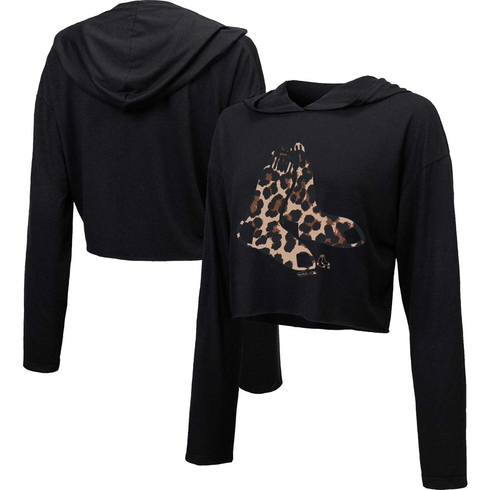 Women's Majestic Threads Black Boston Red Sox Leopard Cropped Hoodie