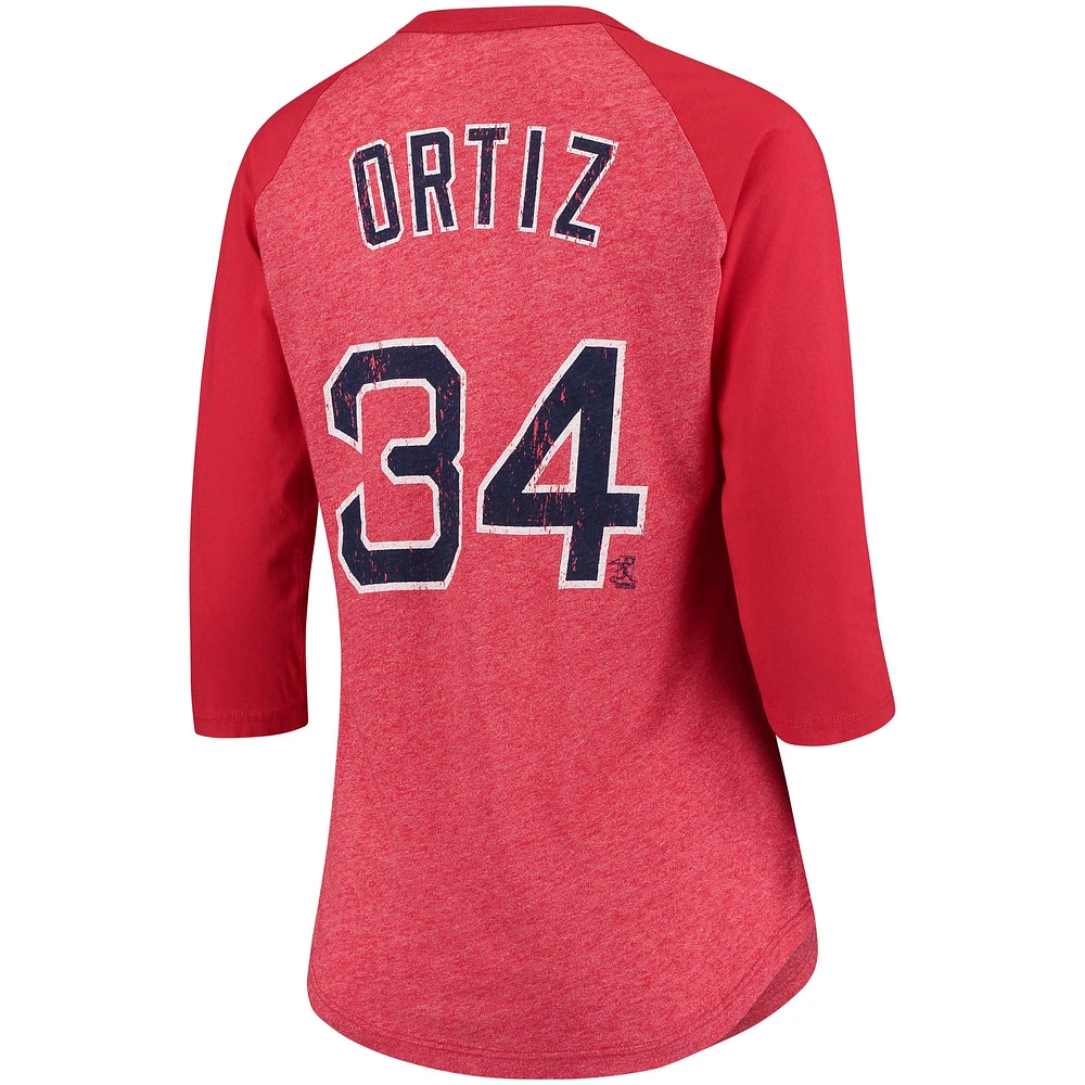 Women's Majestic Threads David Ortiz Red Boston Sox Name & Number Tri-Blend Three-Quarter Length Raglan T-Shirt