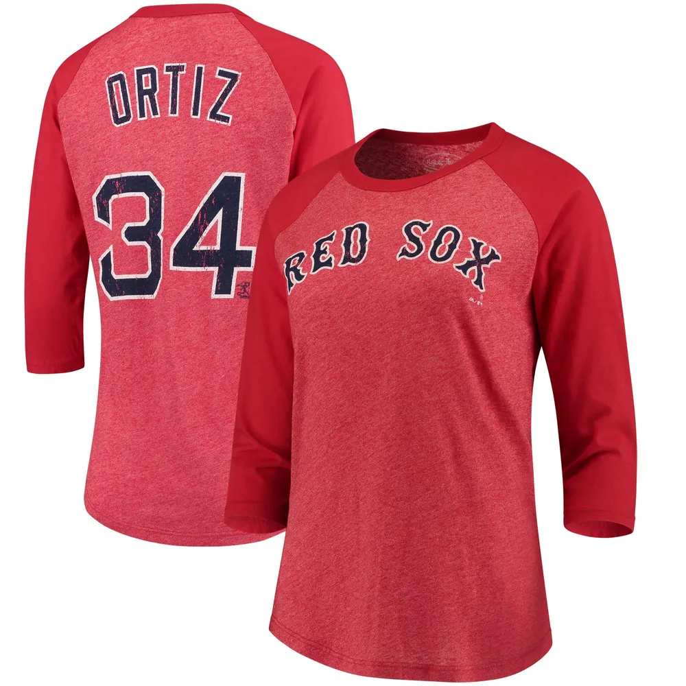 Majestic Threads pour femme David Ortiz Red Boston Sox T-shirt trois-quarts à manches raglan avec nom et numéro