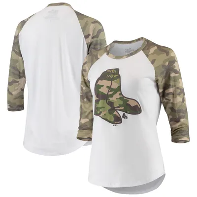 Women's Majestic Threads White/Camo Milwaukee Brewers Raglan 3/4-Sleeve T- Shirt