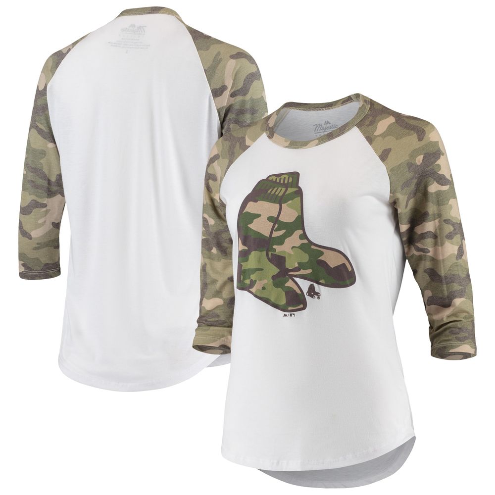 Women's Majestic Threads White/Camo Boston Red Sox Raglan 3/4-Sleeve T-Shirt