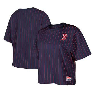 T-shirt boxy à fines rayures New Era pour femme, bleu marine, Boston Red Sox