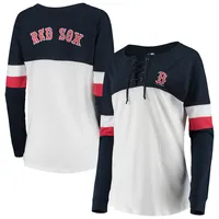 T-shirt à manches longues lacets Boston Red Sox New Era pour femme, blanc/bleu marine