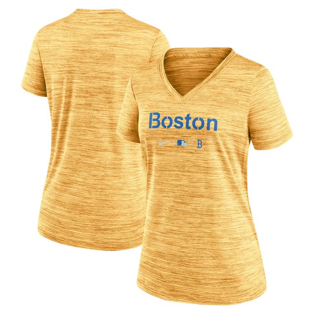 T-shirt à col en V Nike Gold Boston Red Sox MLB City Connect Velocity Space-Dye Performance pour femme