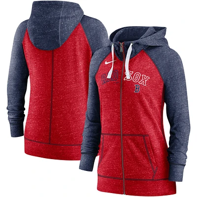 Women's Nike Heathered Red/Heathered Navy Boston Red Sox Split Wordmark Gym Vintage Raglan - Full-Zip Hoodie