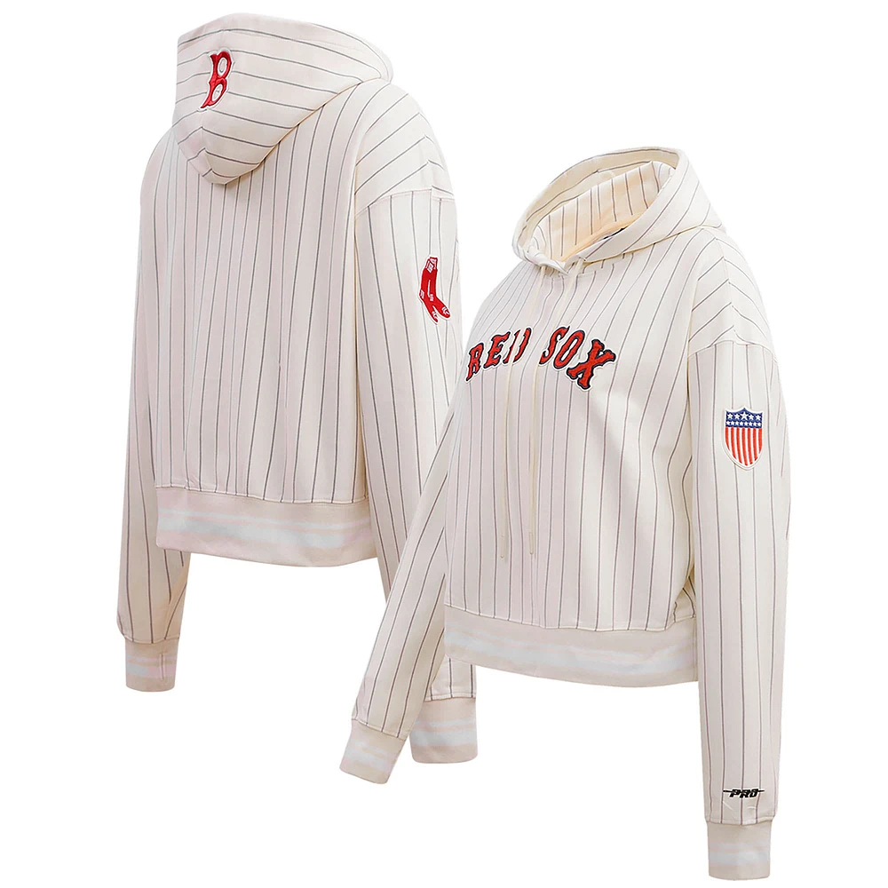 Women's Pro Standard Cream Boston Red Sox Pinstripe Retro Classic Cropped Pullover Hoodie