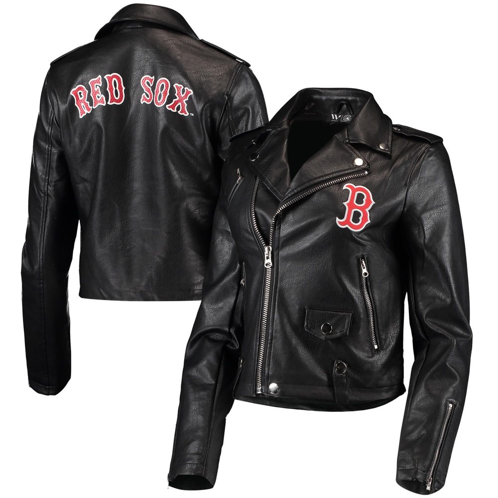 Women's The Wild Collective Black Boston Red Sox Faux Leather Moto Full-Zip Jacket