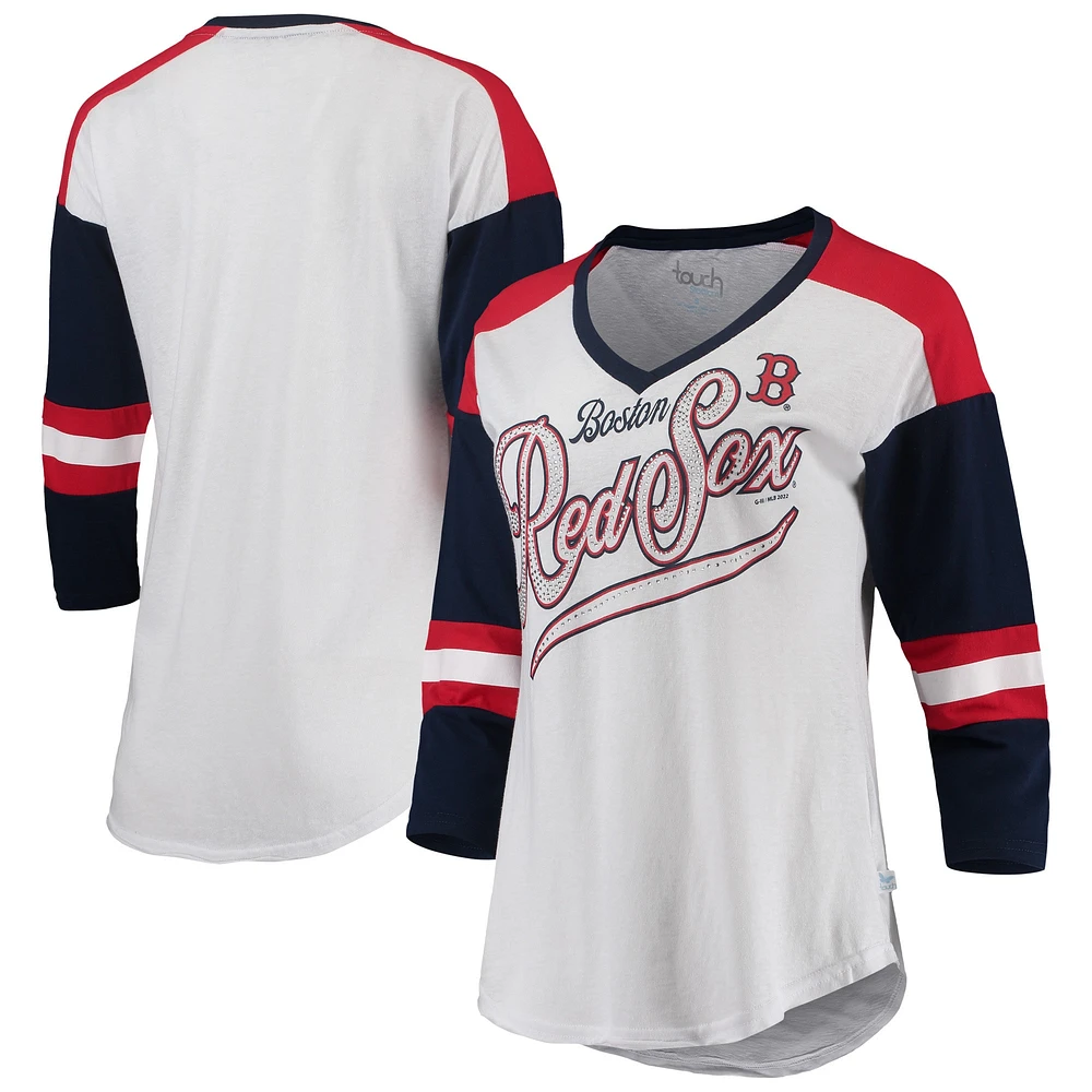 T-shirt à col en V et manches 3/4 Touch pour femmes, blanc/bleu marine, Boston Red Sox Base Runner