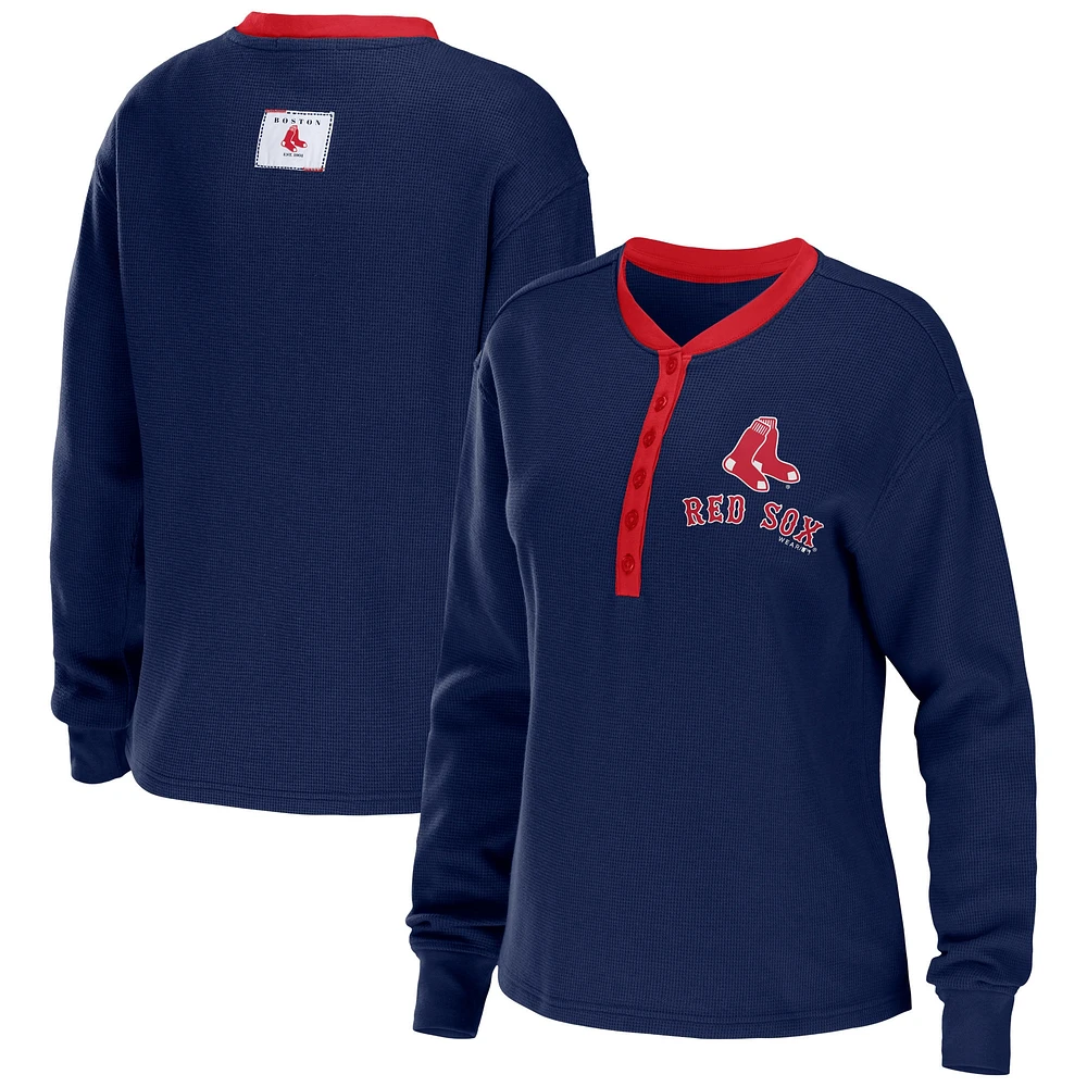 Women's WEAR by Erin Andrews Navy Boston Red Sox Waffle Henley Long Sleeve T-Shirt