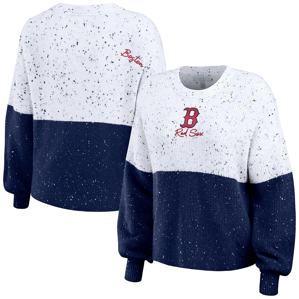 pull WEAR by Erin Andrews pour femmes, blanc/bleu marine, Boston Red Sox, à script color block