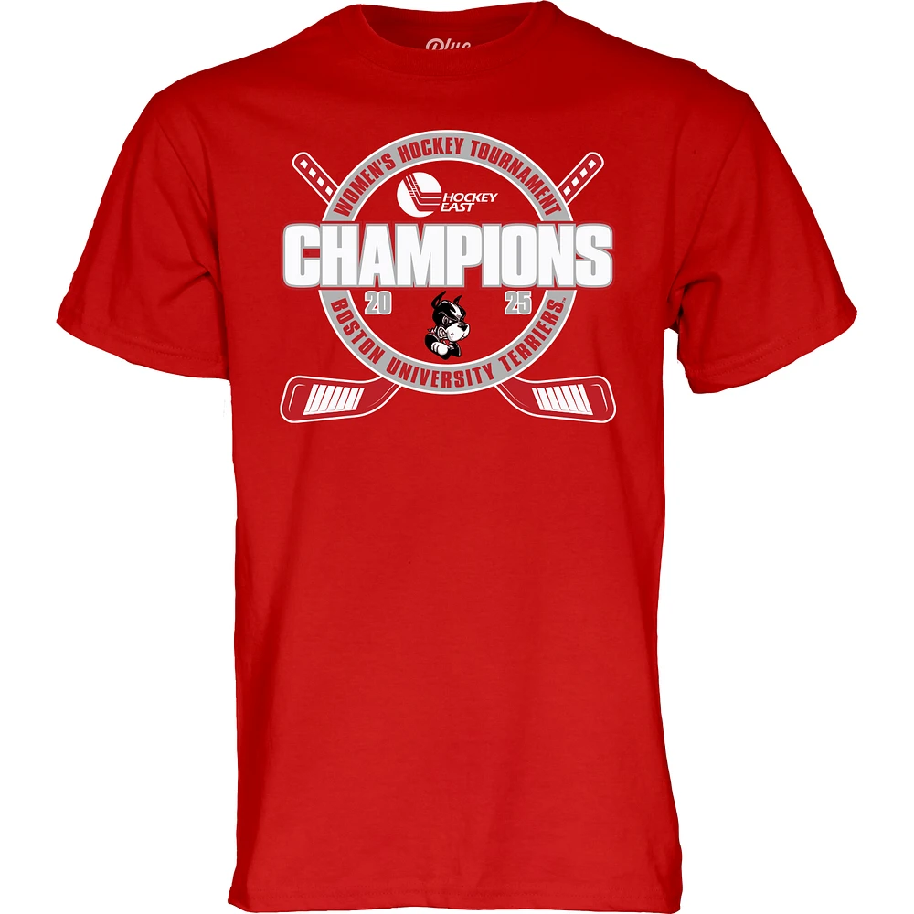 Unisex Blue 84 Scarlet  Boston University Terriers 2025 Hockey East Women's Tournament Champions T-Shirt