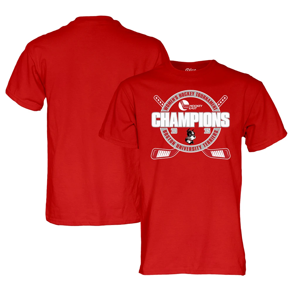 Unisex Blue 84 Scarlet Boston University Terriers 2025 Hockey East Women's Tournament Champions T-Shirt