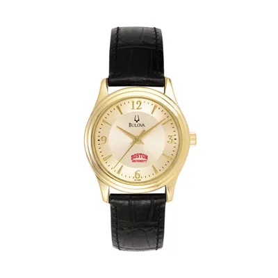 Boston University Bulova Women's Stainless Steel Watch with Leather Band - Gold/Black