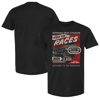 Men's Checkered Flag Sports Black Bowman Gray Stadium Clash Poster T-Shirt