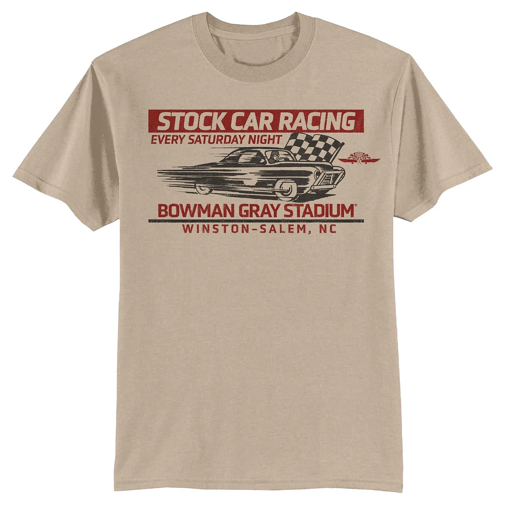 Men's Checkered Flag Sports Tan Bowman Gray Stadium Clash Every Saturday Night T-Shirt