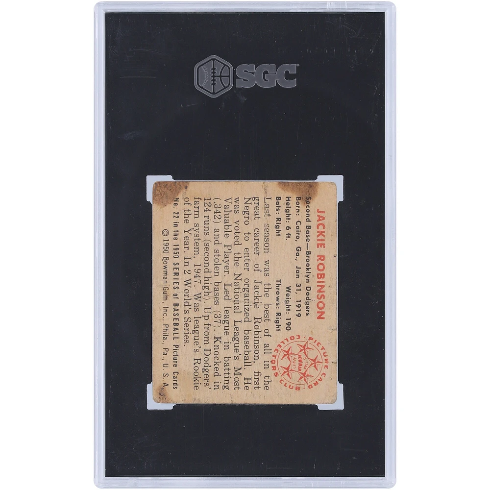 Jackie Robinson Brooklyn Dodgers 1950 Bowman #22 SGC Authentifié 1 Carte