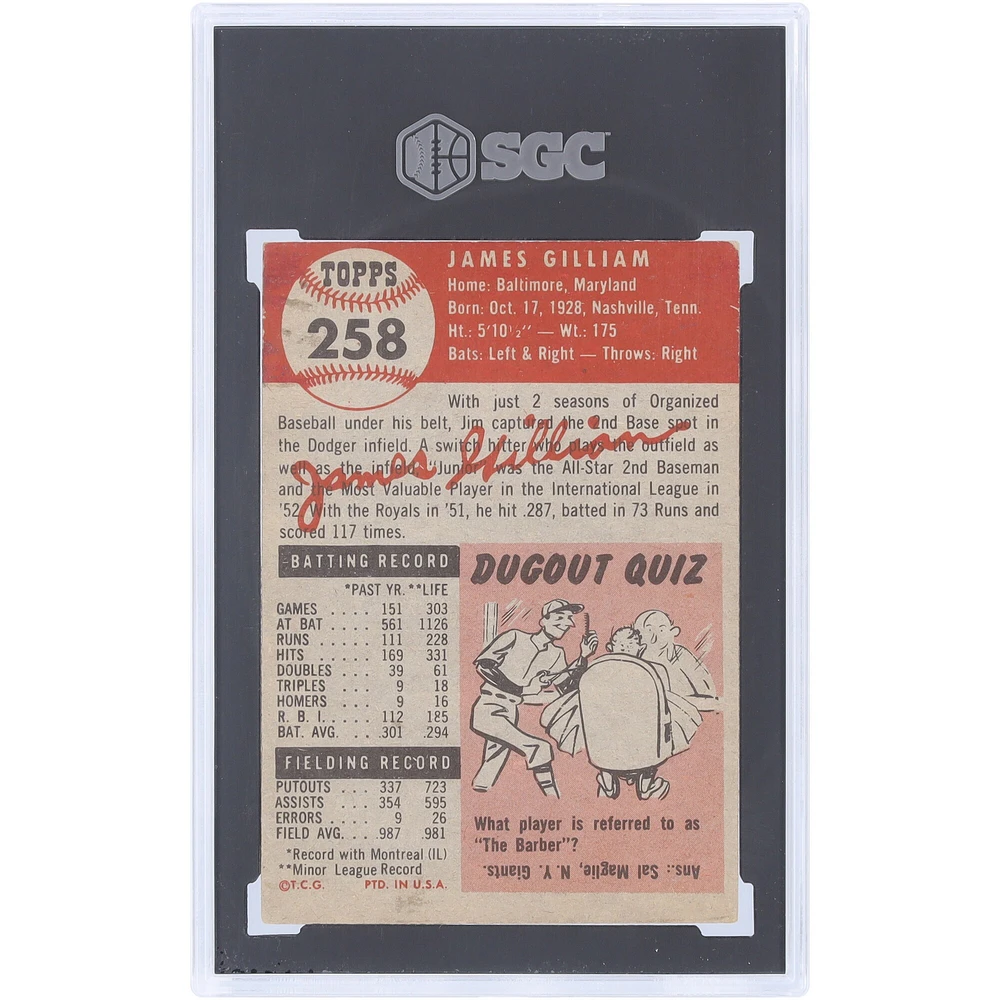 Jim Gilliam Brooklyn Dodgers 1953 Topps #258 SGC Authenticated 3.5 Card