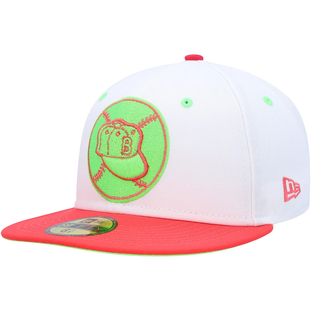 Men's New Era White/Coral Brooklyn Dodgers Cooperstown Collection 1955 World Series Strawberry Lolli 59FIFTY Fitted Hat