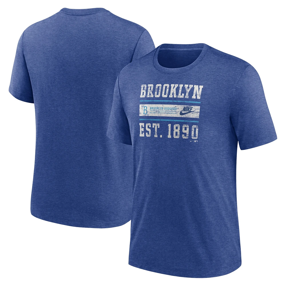 T-shirt tri-mélange Nike Heather Royal Brooklyn Dodgers Cooperstown Collection Local Stack pour homme