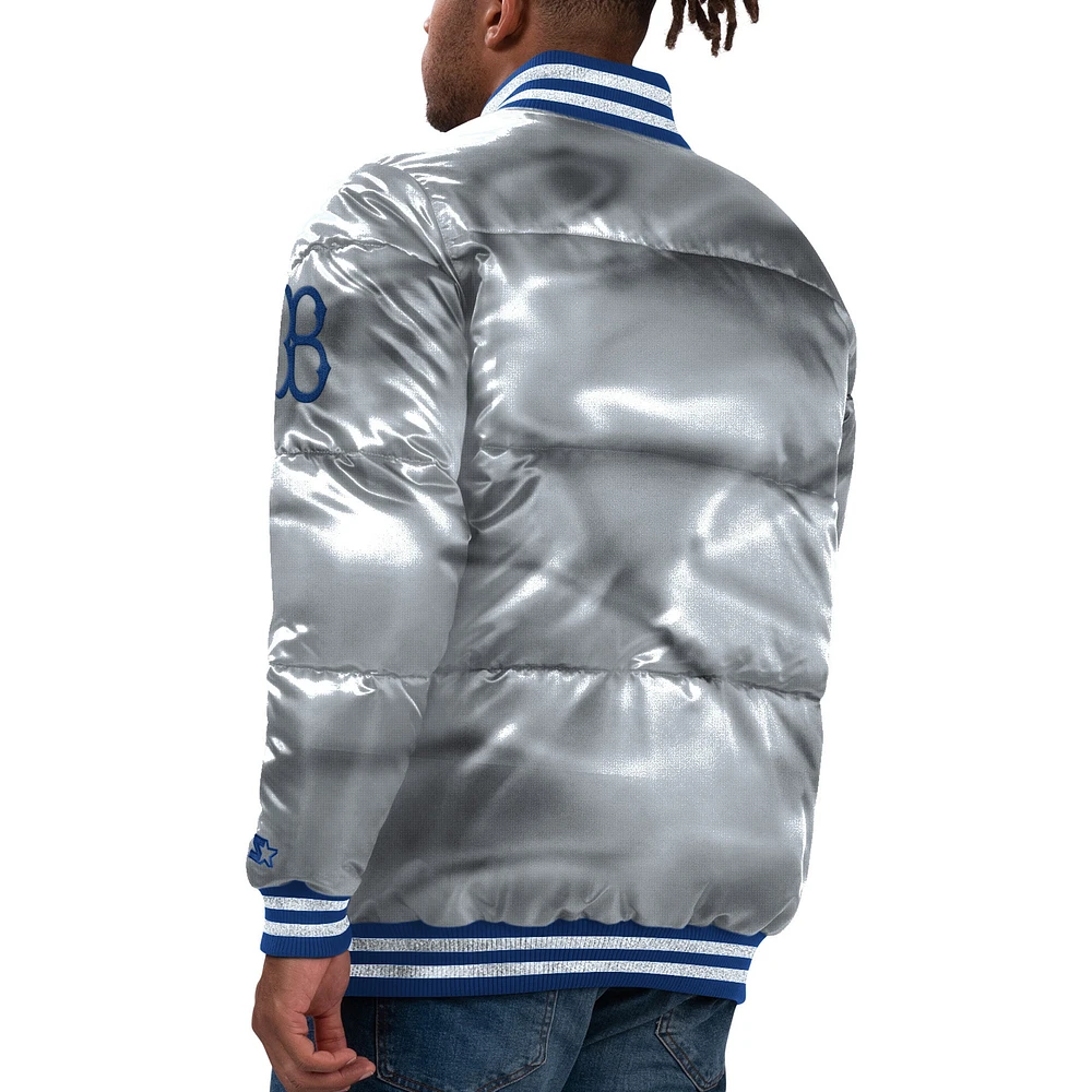 Blouson aviateur à bouton-pression en satin Bronx Starter Silver Brooklyn Dodgers Cooperstown pour hommes