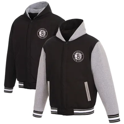 Brooklyn Nets JH Design Reversible Poly-Twill Hooded Jacket with Fleece Sleeves - Black/Gray