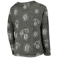 Girls Youth Heathered Black Brooklyn Nets Back Action Long Sleeve T-Shirt