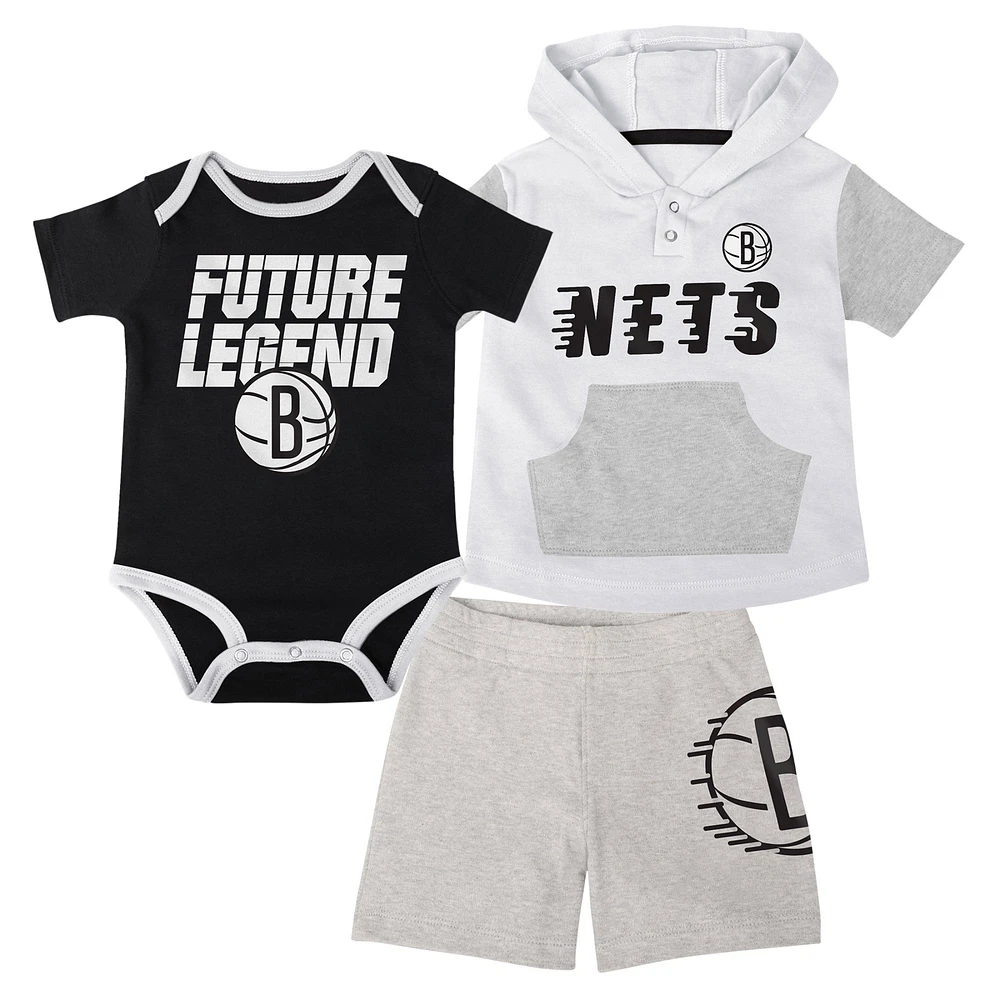 Ensemble body, t-shirt à capuche et short Brooklyn Nets Bank Shot pour bébé, noir/blanc/gris