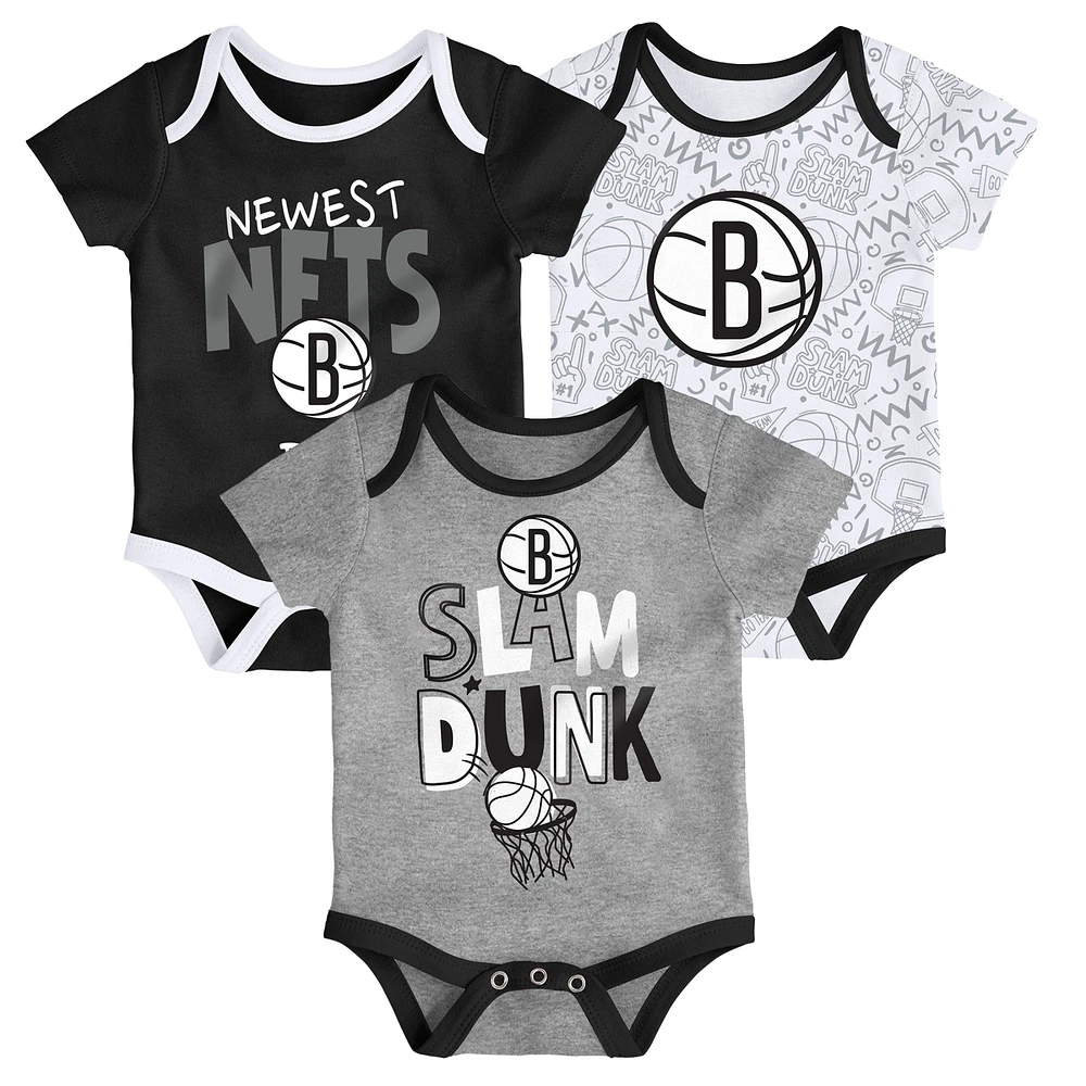 Infant Black/White/Gray Brooklyn Nets Slam Dunk 3-Piece Bodysuit Set