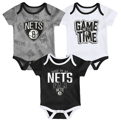 Brooklyn Nets Infant Game Time Three-Piece Bodysuit Set - Black/White/Heathered Gray