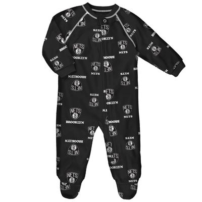 Infant Black Brooklyn Nets Team Raglan Full-Zip Sleeper