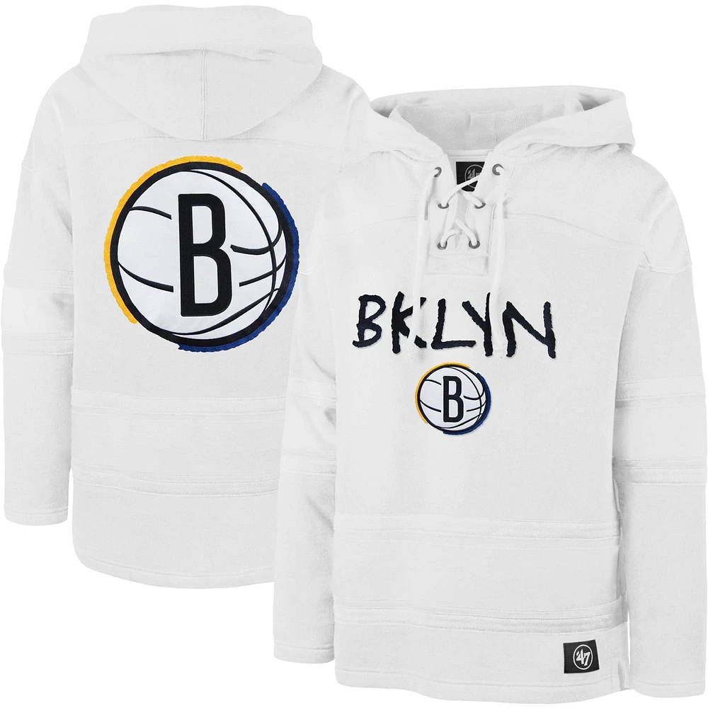 Men's '47 White Brooklyn Nets 2022/23 Pregame MVP Lacer Pullover Hoodie - City Edition