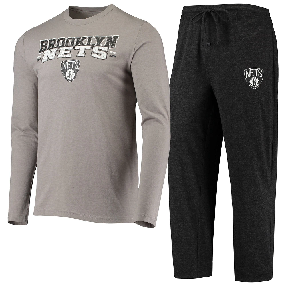 Ensemble de nuit pour hommes Concepts Sport Brooklyn Nets T-shirt à manches longues et pantalon Noir/gris