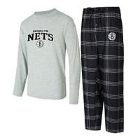 Ensemble t-shirt à manches longues et pantalon carreaux Brooklyn Nets Petition pour homme Concepts Sport noir/gris