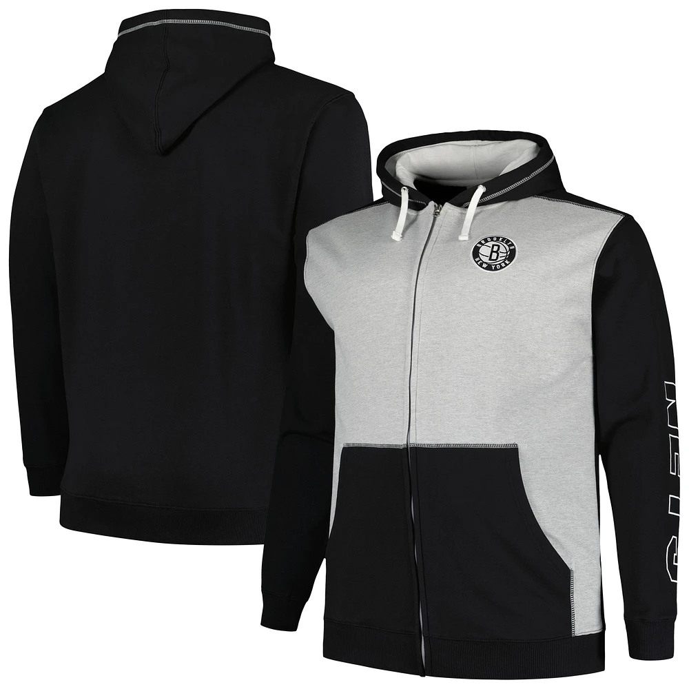 Men's Fanatics Black/Heather Gray Brooklyn Nets Big & Tall Contrast Pieced Stitched Full-Zip Hoodie