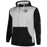 Men's Fanatics Black/Heather Gray Brooklyn Nets Big & Tall Contrast Pieced Stitched Full-Zip Hoodie