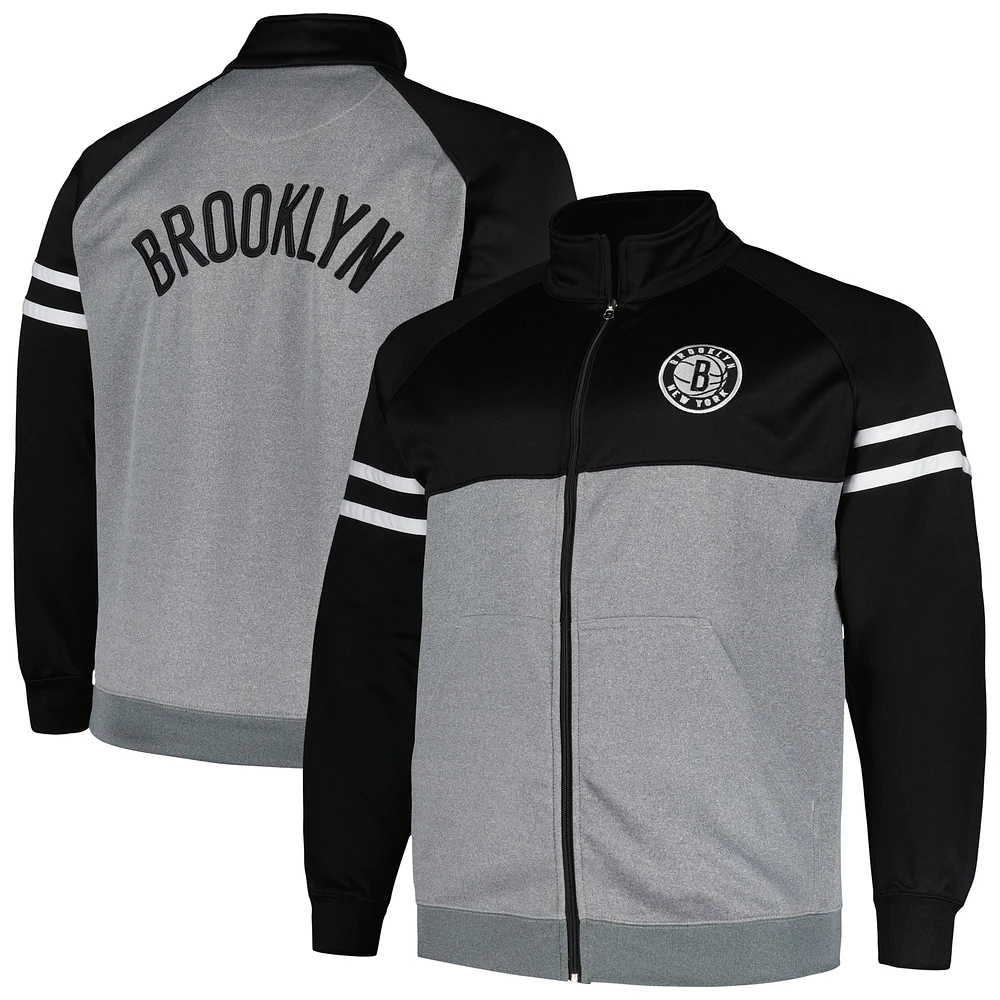 Veste de survêtement entièrement zippée Brooklyn Nets Fanatics pour hommes noir/gris chiné Big & Tall Pieced Stripe Raglan