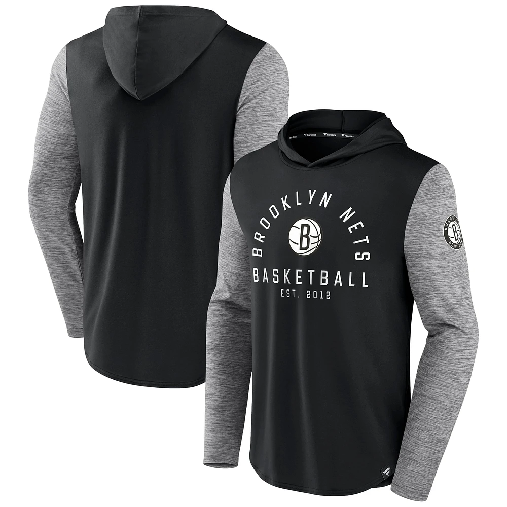 Men's Fanatics Black/Heathered Charcoal Brooklyn Nets Deep Rotation Performance - Pullover Hoodie