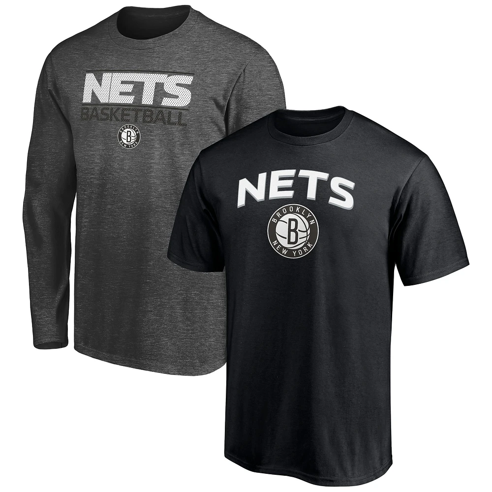 Ensemble combiné de t-shirts Brooklyn Nets Fanatics noir/anthracite chiné pour hommes