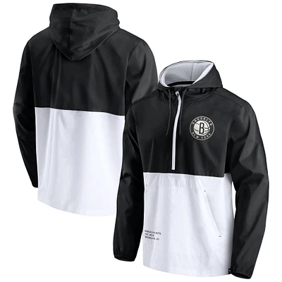 Men's Fanatics Black/White Brooklyn Nets Anorak Block Party Windbreaker Half-Zip Hoodie Jacket