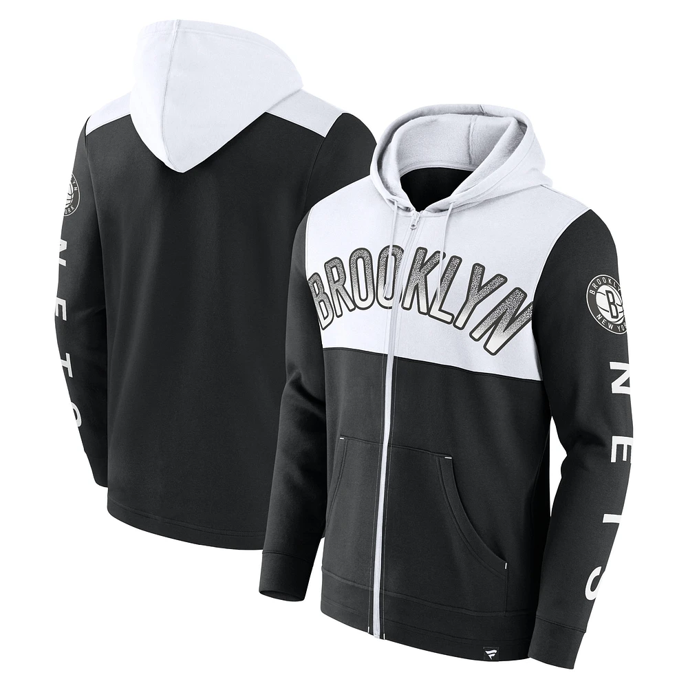 Sweat à capuche entièrement zippé Brooklyn Nets Skyhook Colorblock pour hommes, noir/blanc