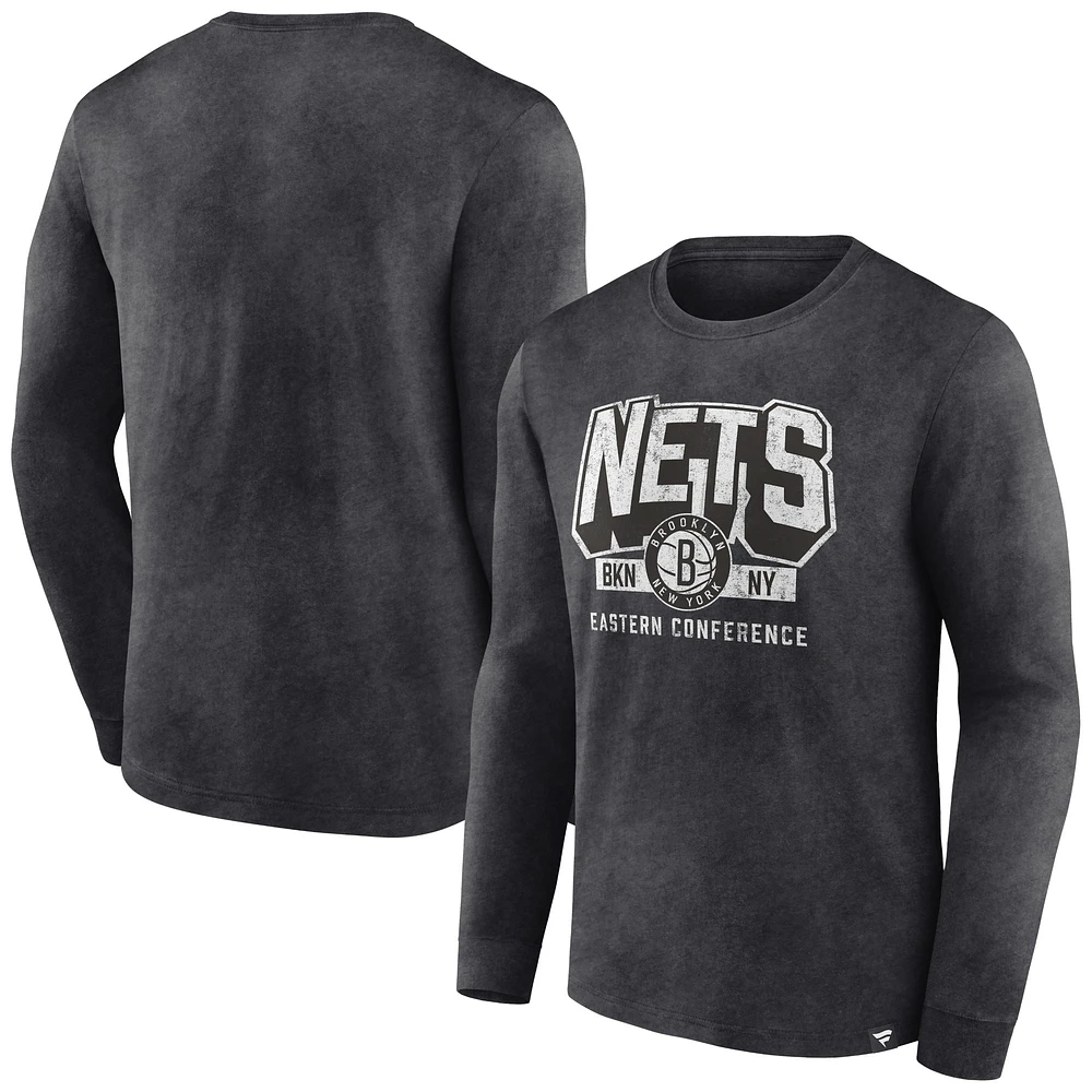 Men's Fanatics Heather Charcoal Brooklyn Nets Front Court Press Snow Wash Long Sleeve T-Shirt