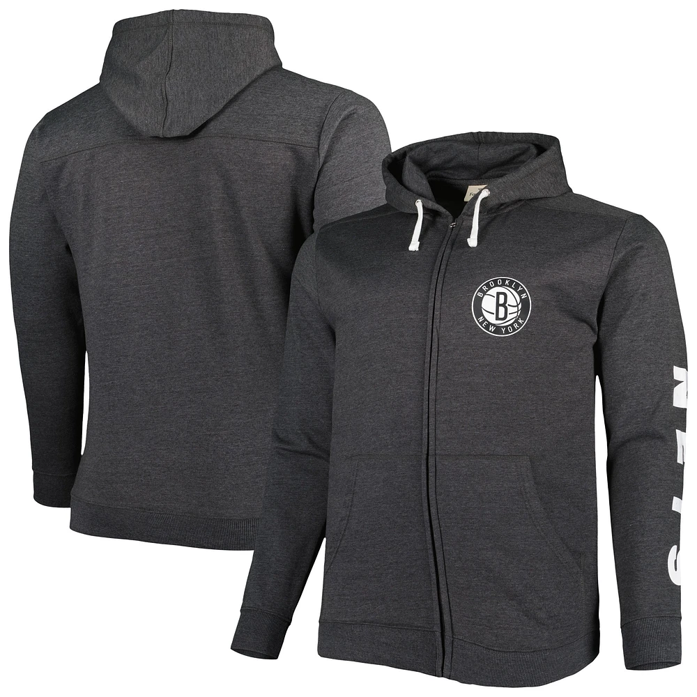 Men's Fanatics Heathered Black Brooklyn Nets Big & Tall Down and Distance Full-Zip Hoodie