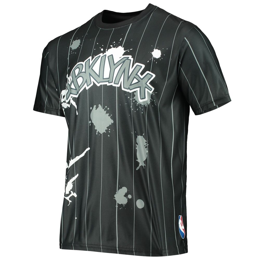 Men's FISLL Black Brooklyn Nets Striped Splatter T-Shirt