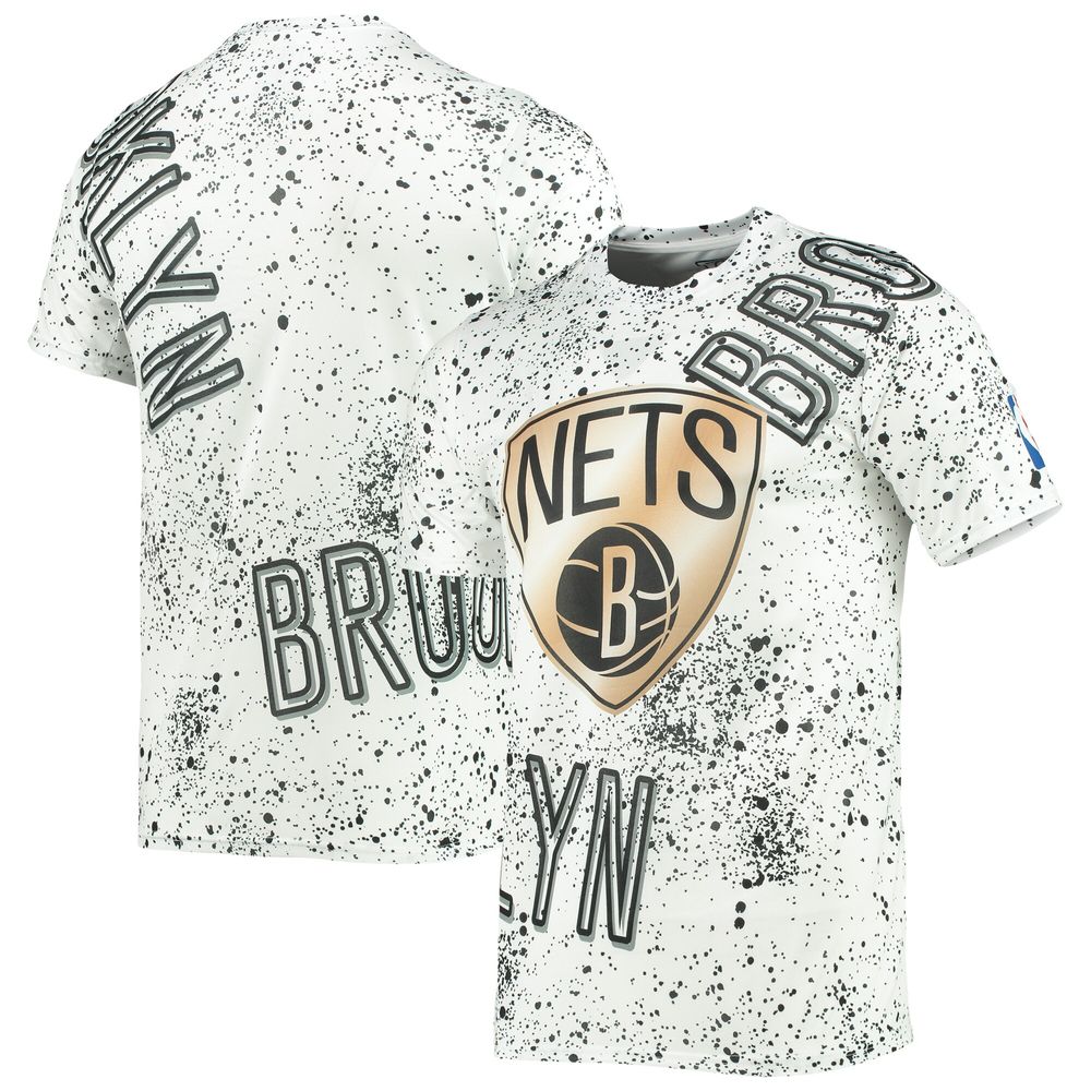 Men's FISLL White Brooklyn Nets Gold Foil Splatter Print T-Shirt