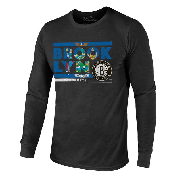 Majestic Threads - T-shirt à manches longues en trois mélanges noir Brooklyn Nets City and State pour homme