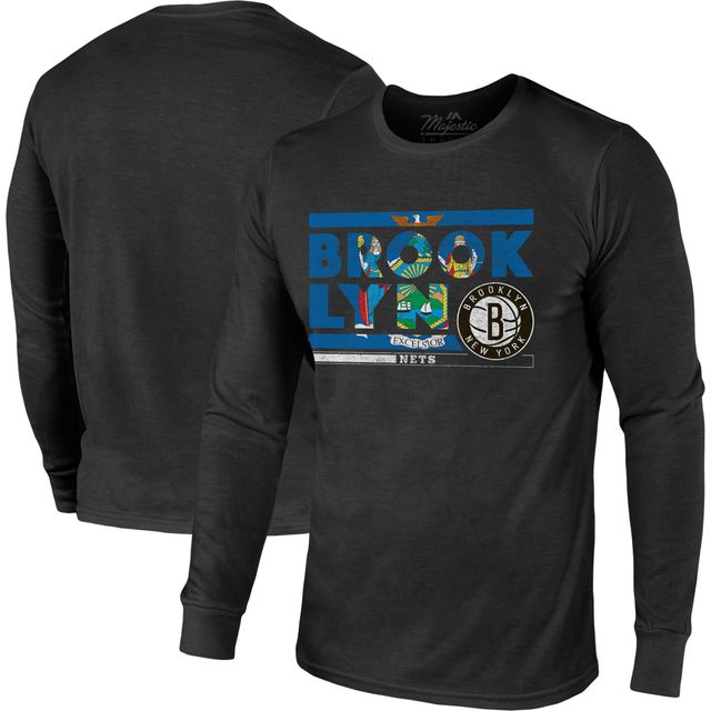 Majestic Threads - T-shirt à manches longues en trois mélanges noir Brooklyn Nets City and State pour homme