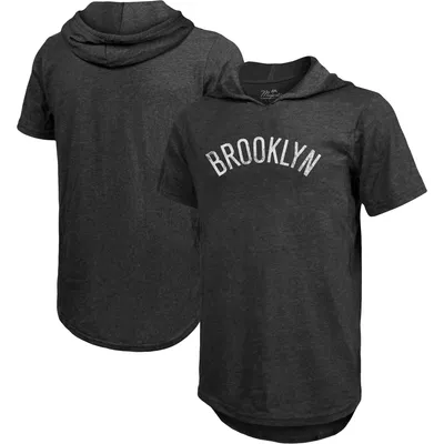 Brooklyn Nets Majestic Threads Wordmark Tri-Blend Hoodie T-Shirt - Heathered Black