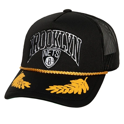 Mitchell & Ness pour homme noir Brooklyn Nets Hardwood Classics Gold Leaf Mesh Trucker Snapback Hat