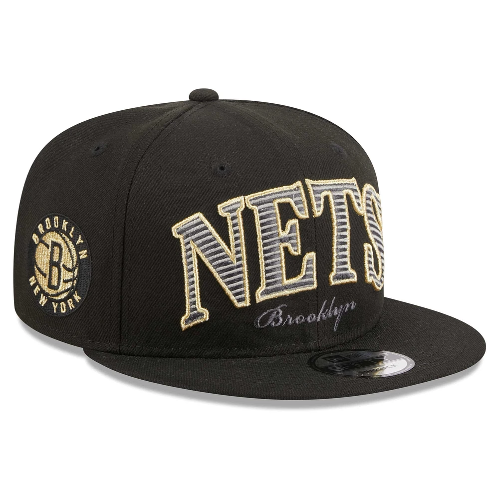 Men's New Era Black Brooklyn Nets Golden Tall Text 9FIFTY Snapback Hat